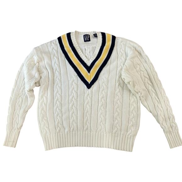 Vintage GAP White Cable Knit Cricket Sweater Preppy Tennis Sweater / Large - - Picture 1 of 5